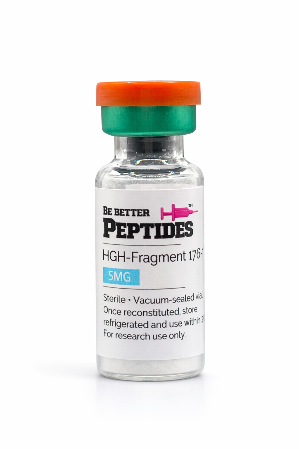 HGH Fragment 176-191 5mg peptide vial by Be Better Peptides on white studio background