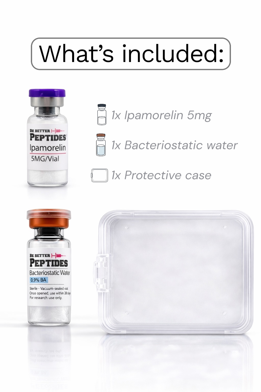 Ipamorelin research peptide kit vial bacteriostatic water storage case