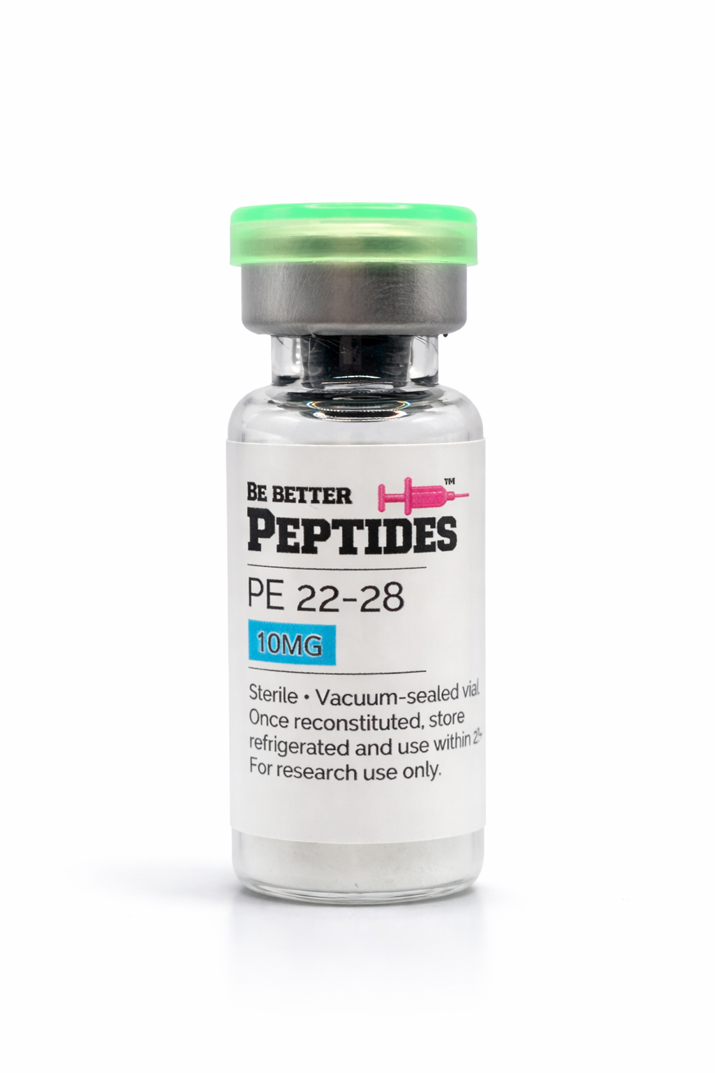 PE 22-28 10mg peptide vial by Be Better Peptides on white studio background