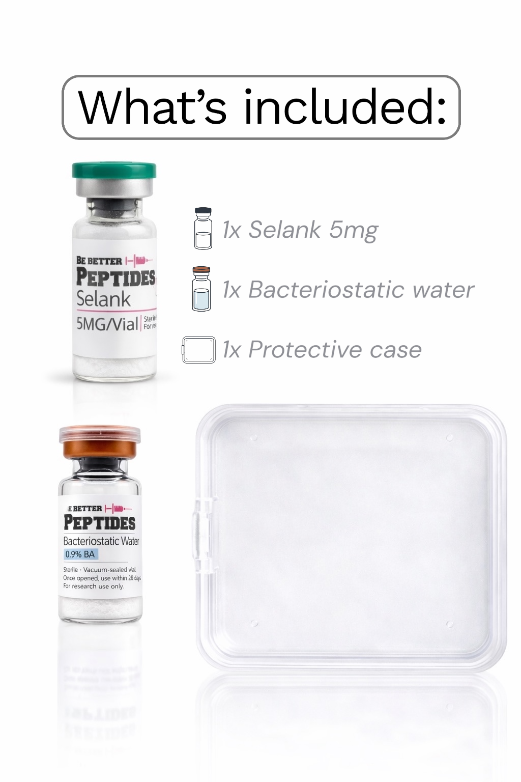 Selank research peptide kit vial bacteriostatic water case