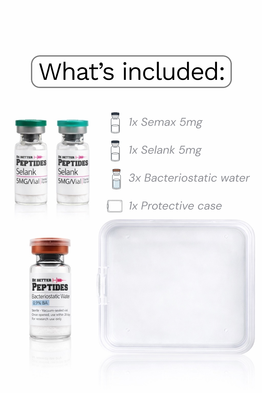 Selank Semax research peptide kit vial bacteriostatic water case