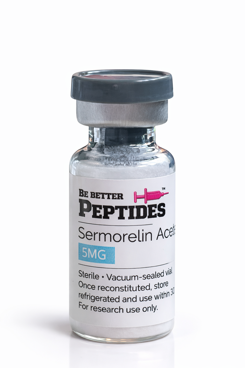 Sermorelin Acetate 5mg peptide vial by Be Better Peptides on white studio background