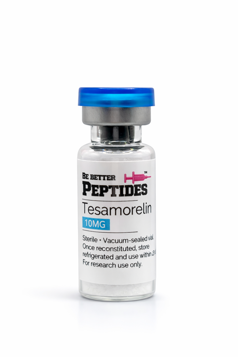 Tesamorelin 10mg peptide vial by Be Better Peptides on white studio background